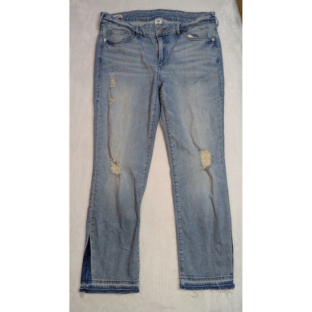 True Religion Cora Mid Rise Straight Leg Distressed Jeans Light Wash Size 33